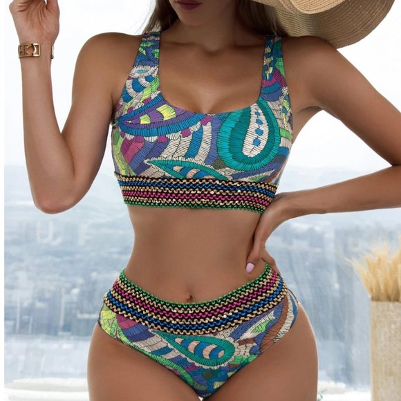 Other - Multi Colour Trim High Waisted 2pc Bikini Swimsuit Bathing Suit